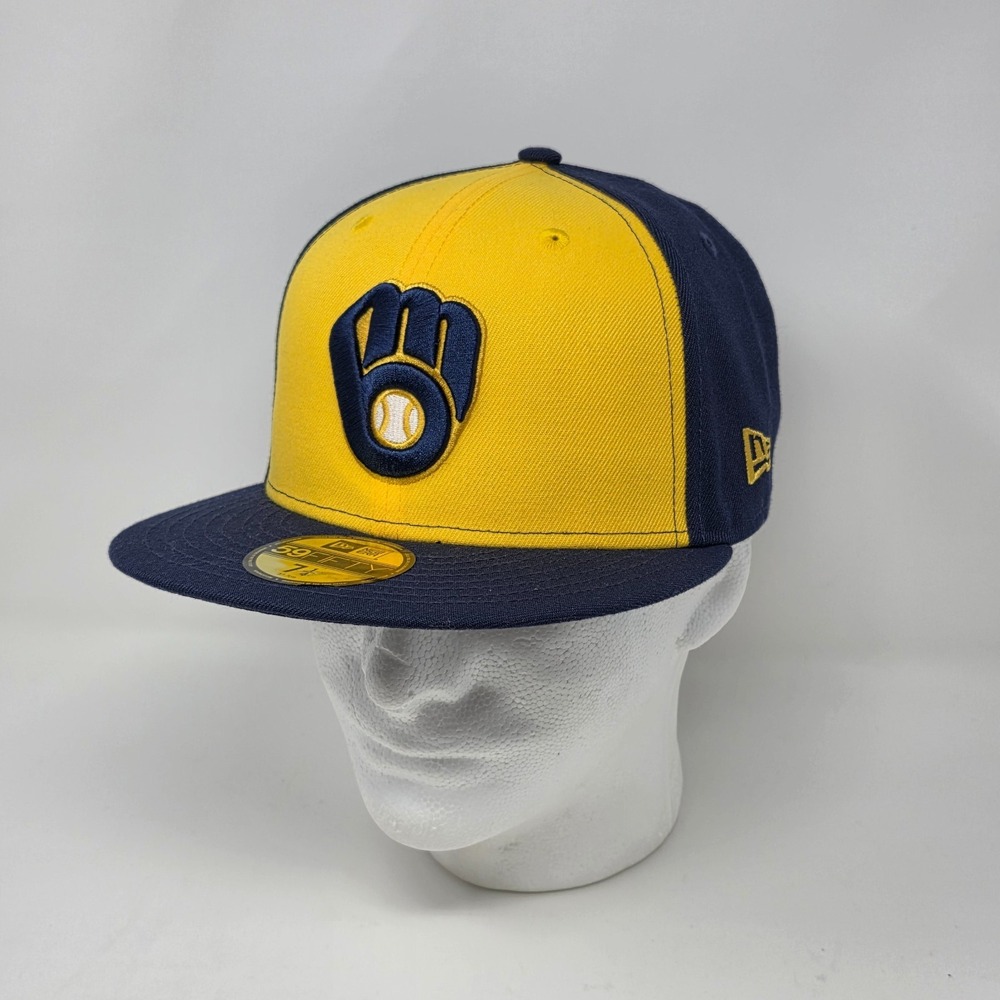 New Era 59Fifty Blue/Yellow MLB Milwaukee Brewers Authentic Fitted Hat Men 7 1/4